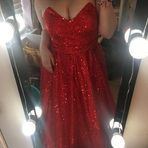 Red strapless prom dress